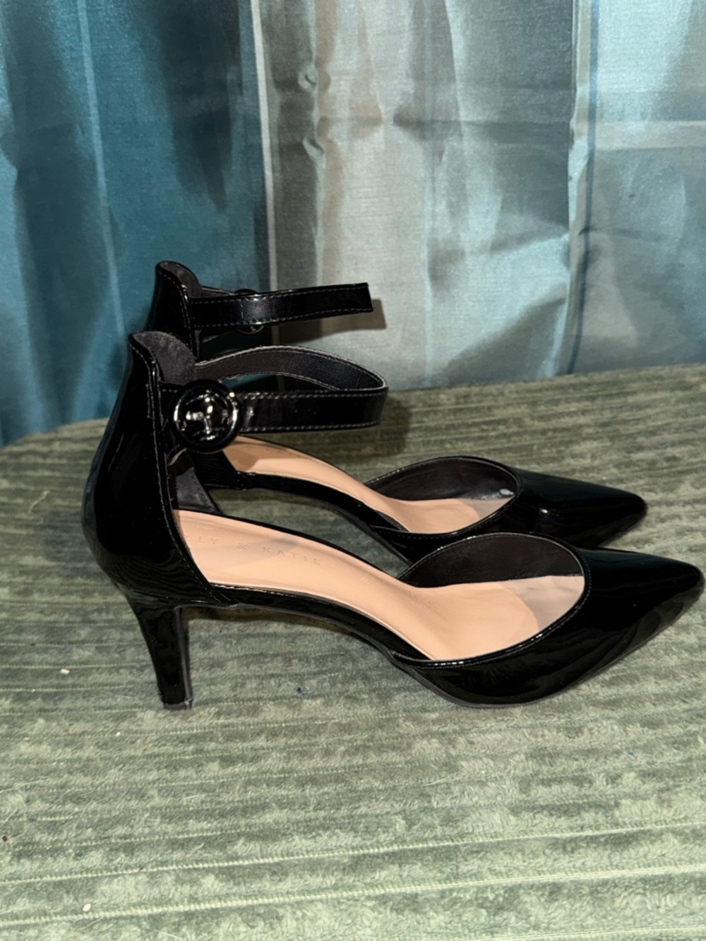 Kelly & Katie Black Patent Pointed-Toe Double Ankle-Strap Pumps
